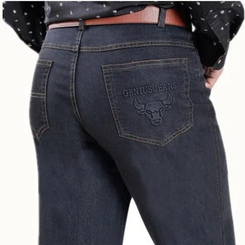 Winter Fashion Washed Distressed Jeans Men's Clothing Plus Fleece Thicken Loose Straight High Waist Baggy Elastic Casual Pants