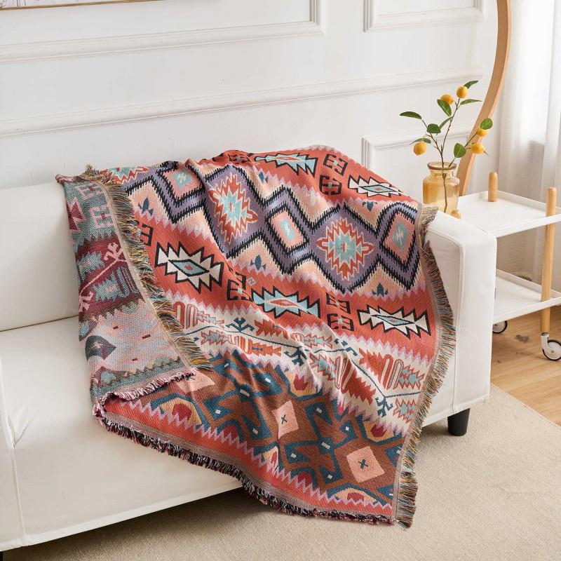 Bohemian Ethnic Cotton Blend Knit Sofa Throw Cover Slip-Resistant Thick Decorative Blanket Living Room