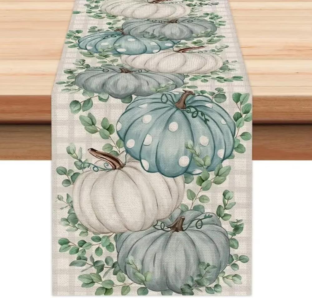 Autumn Thanksgiving Table Runner Linen Buffalo Plaid Pumpkins Mushrooms Dining Table Decoration Indoor Outdoor Tablecloth
