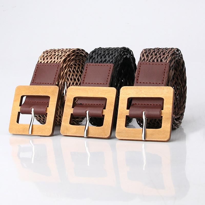 Womens Minimalist Pu Fabric Belt With Wooden Buckle For Chic Office And Casual Looks