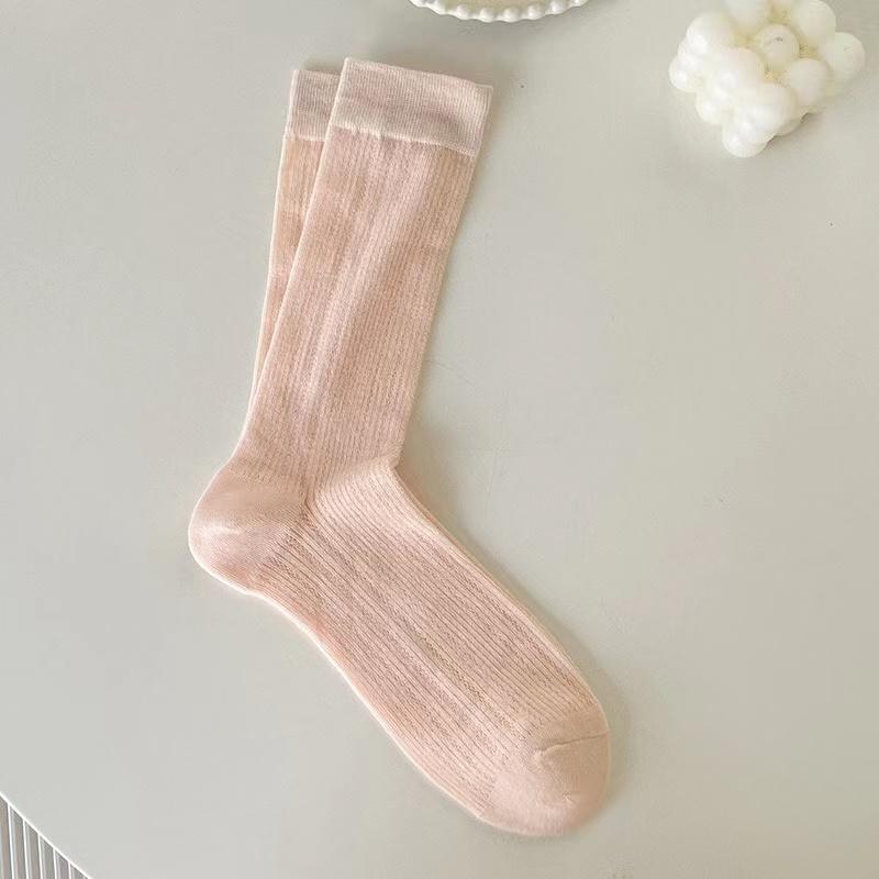 5 Pairs Women Solid Color Small Leg Socks Fashionable Sweet Style Summer Thin Mesh Hollow Breathable Casual Stacked Socks