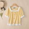 ZANZEA Women Lace Splice Square Collar Casual Short Sleeve Grid Print Blouse