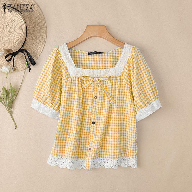 ZANZEA Women Lace Splice Square Collar Casual Short Sleeve Grid Print Blouse