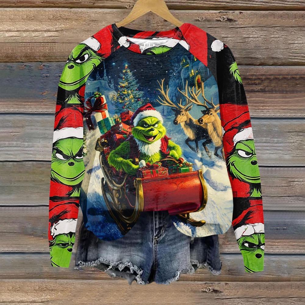 Christmas Fashion Men and Women's Pullover Green Monster Print O-Neck T-shirt Top Casual Outdoor Sweatshirt Kids T-shirt Top Clothing