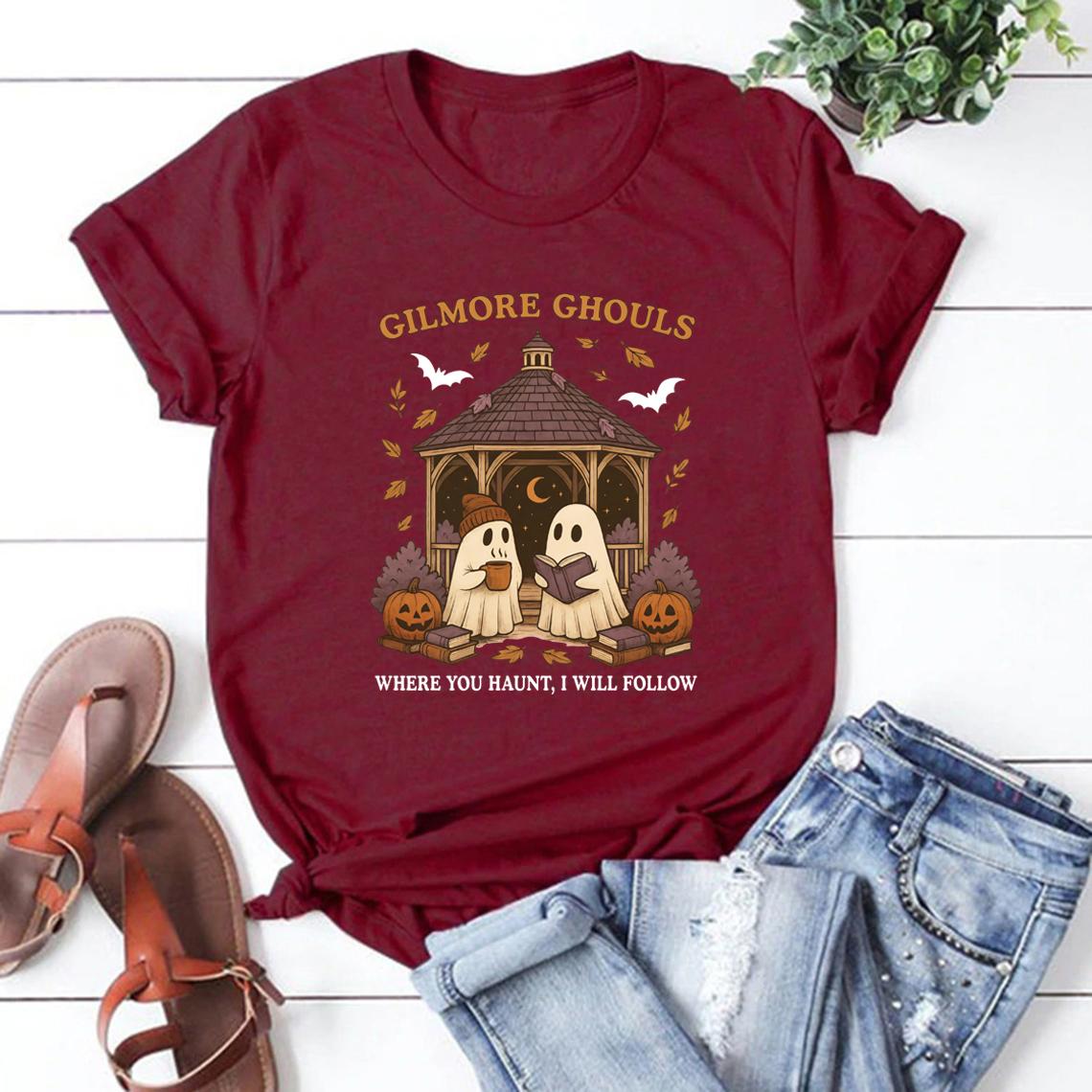 

Футболка Gilmore Ghouls Где ты обитаешь, я последую за тобой Футболка Милый призрак Хэллоуин Футболка с коротким рукавом Женские футболки Уличная одежда Топы XXXL бордовый
