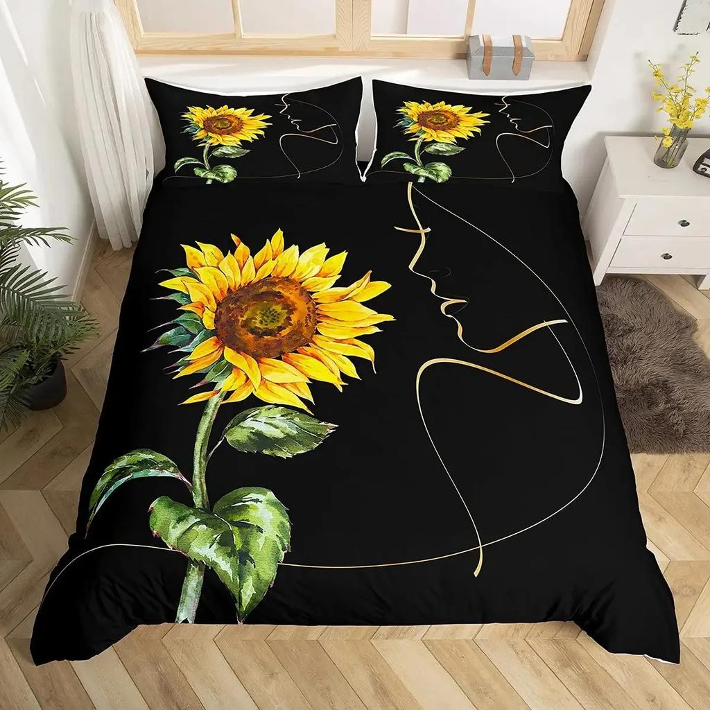 Sonnenblumen Bettbezug Set Gestreifte Bettwäschesets Schwarze Streifen Gelbes Sonnenblumen Design Weiß Schwarz Jungen Mädchen Bettdeckenbezug Queen
