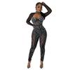 Mode Dames Effen Kleur Mesh Boor Lange Mouw Lange Broek Jumpsuit