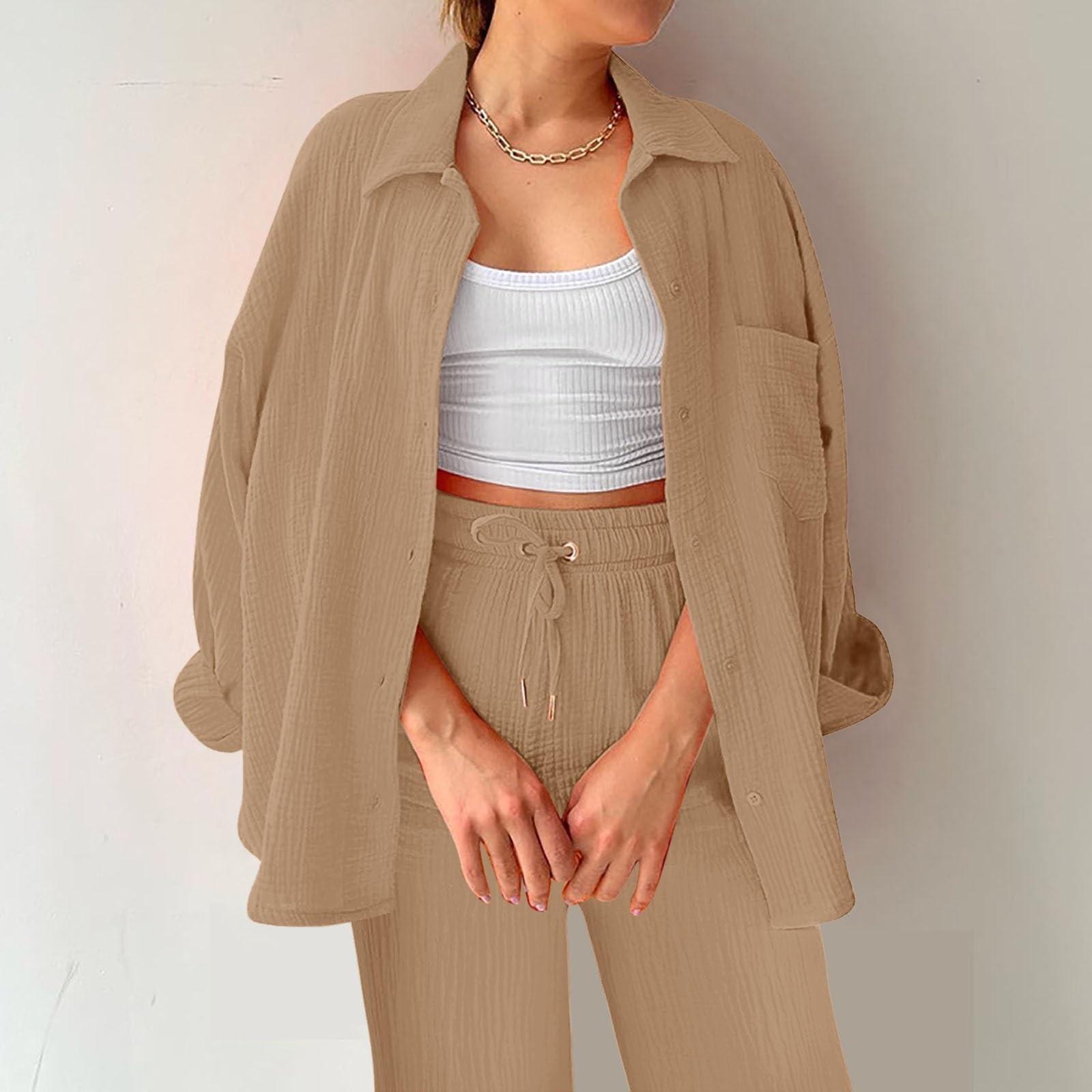 

Two Piece Suit Women Summer Muslin Shirt And Trousers Clothes Two Piece Beachwear Suit Two Piece Suit Women S хакі