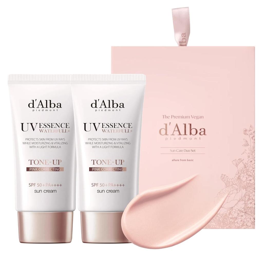 dAlba Official Tone Up UV Essence Sun Cream (50ml+50ml) - SPF50+/PA++++ Makeup Base Sunscreen Serum Sweat Water Resistant Waterproof Easy Washable Dry
