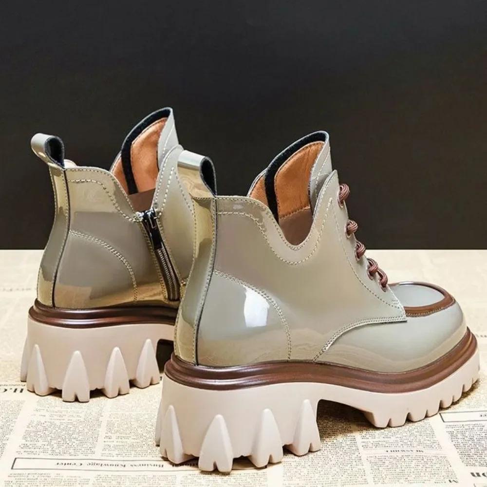 Shoes for Women 2024 Autumn Winter New Chunky Heel Platform Lace-up Women's Boots Fashionable Round Toe Zipper Motorcycle Boots