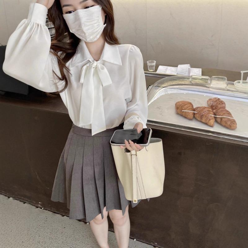 French Design Women White Bow Lace Up Long Sleeve Casual Commuting Shirt