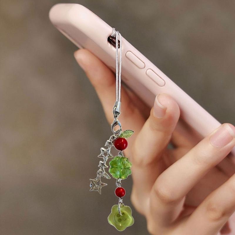 Fashionable Four Leaf Grass Keychain Button Inspired Beaded Charm Hanging Pendant Korean Style Decoration