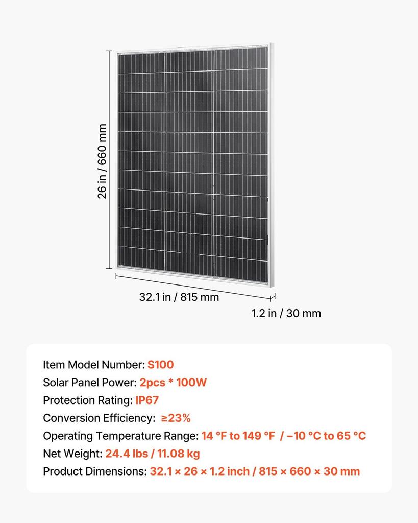 2PCS 100W Bifacial Solar Panels, 23% High-Efficiency N-Type Monocrystalline PV Module with MC4 Output & Aluminum Frame, IP67 Waterproof Solar Panel