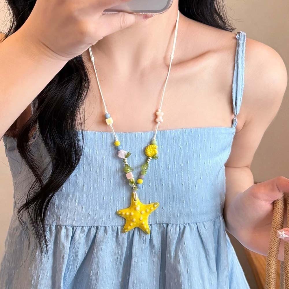 Contrast Color Blue Starfish Collarbone Chain Beads Exquisite Neck Pendant  Seaside Versatile
