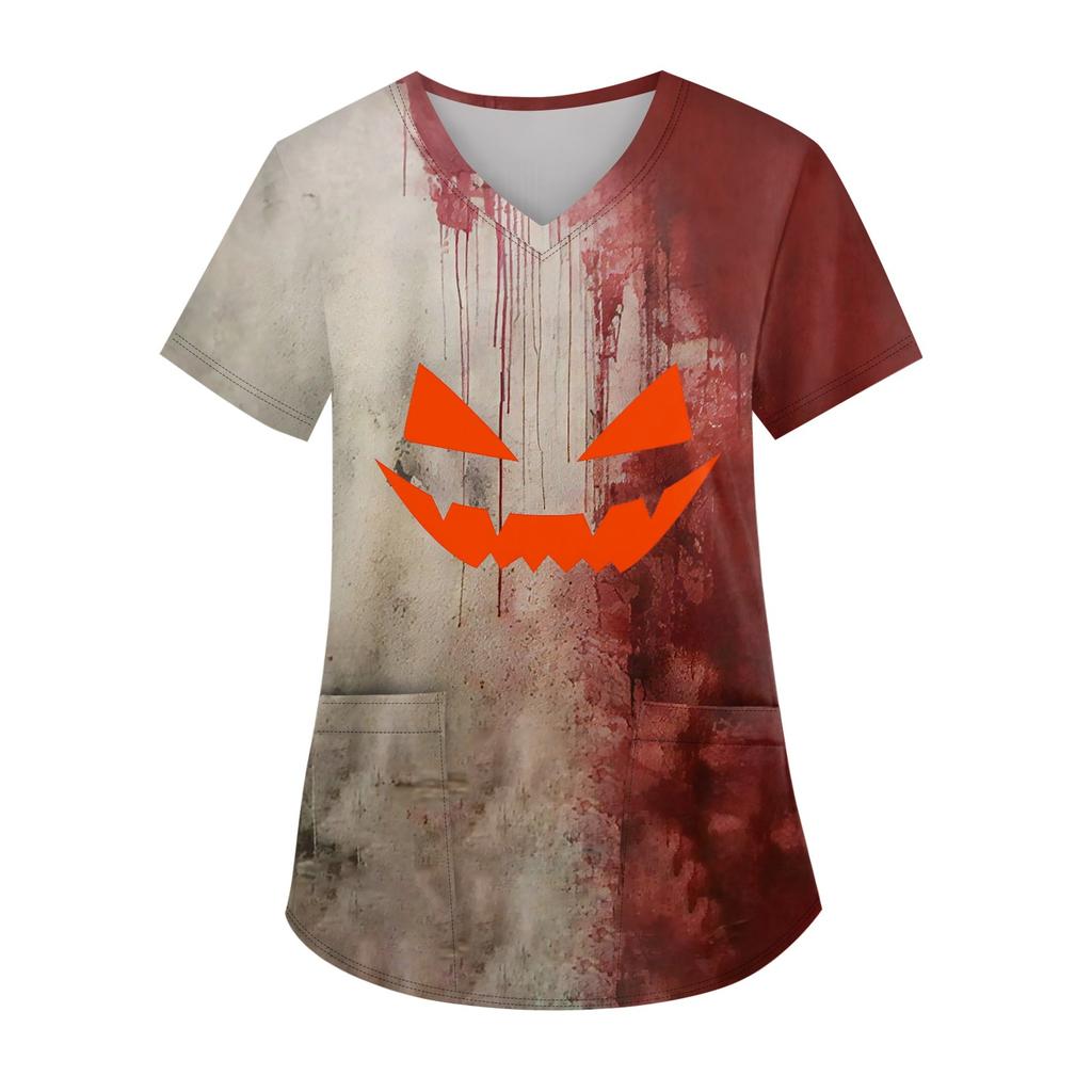 Modische Arbeitskleidung für Damen mit V-Ausschnitt, kurzen Ärmeln und bedruckten Taschen