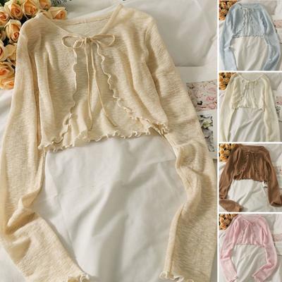 Sonnenstrick-Cardigan für Damen, zum Binden vorne, lange Ärmel, transparentes Netzgewebe, Strandüberzug, Rüschensaum, dünne UV-Schutz-Sonnenshirts