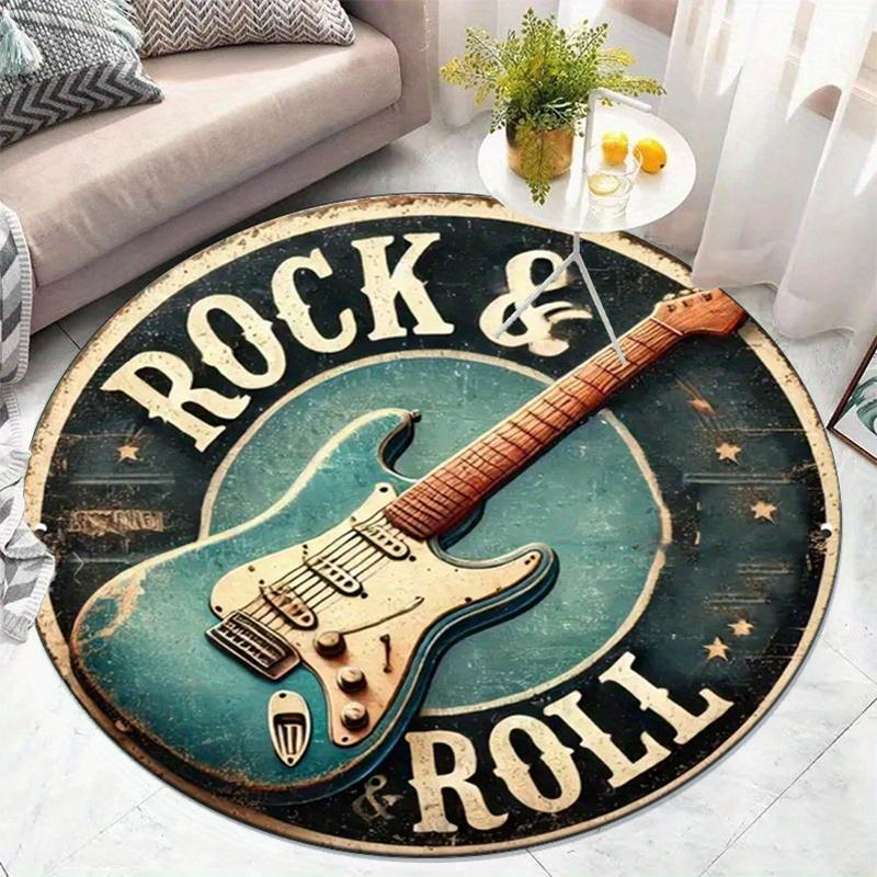 Tappeto Rotondo Vintage Chitarra Rock & Roll, Tappetino Antiscivolo Gradiente Blu Nero per Decorazione Stanza Tema Musicale