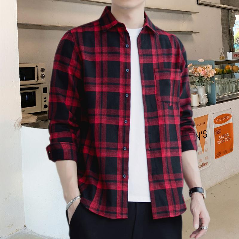 Autumn Men's Business 2024 New Patchwork Square Collar Button Pocket Plaid Fashion Loose Versatile Casual Long Sleeved Shirts