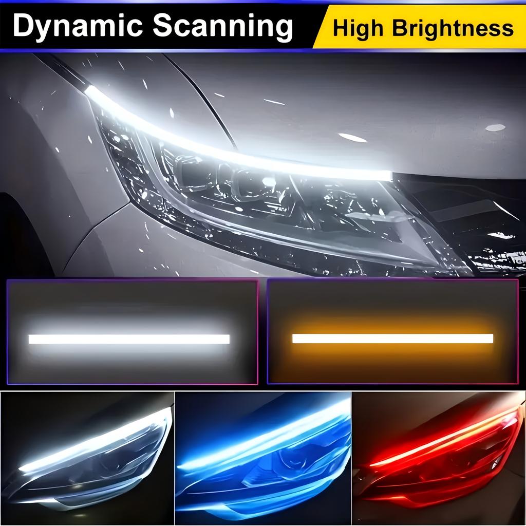 2pcs Automotive LED Decorative Light Strip Start Scan Atmosphere Light Car Grille Mesh Flow Light with Dual Color Environment Light