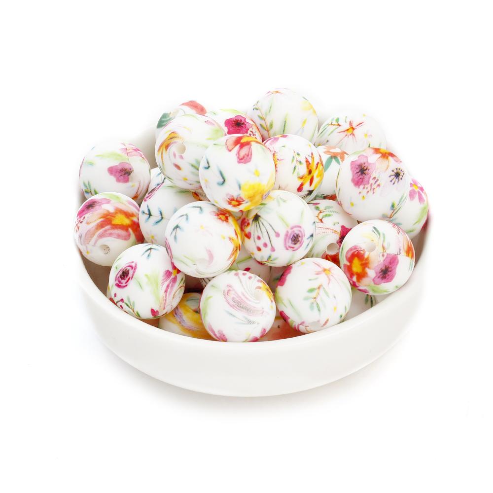 10Pcs 15mm New Silicone Beads Round Print Colorful Spacer Beads Food Grade Baby Nursing Necklace Pacifier Chain Teether Toys