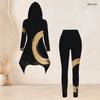 Women Plus Size Black Gold Printed Hooded Long Sleeve High Low Top And Fitted Pants Two Piece Set