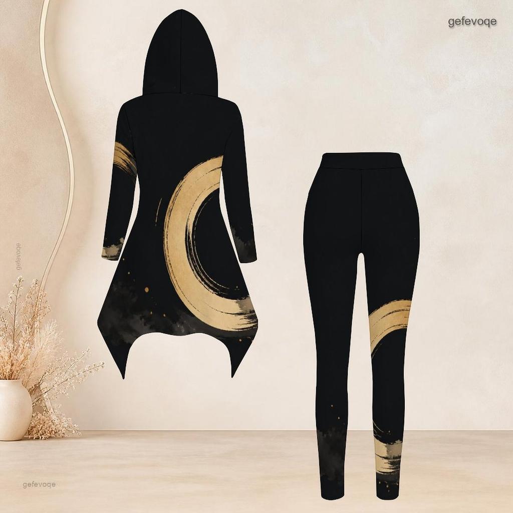 Women Plus Size Black Gold Printed Hooded Long Sleeve High Low Top And Fitted Pants Two Piece Set