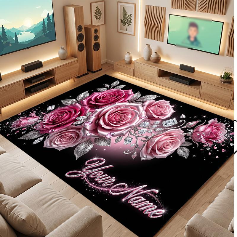 Floral Garden Theme Soft Crystal Velvet Rug Custom Name & Text Print Non Slip Floor Rug for Bedroom Living Room