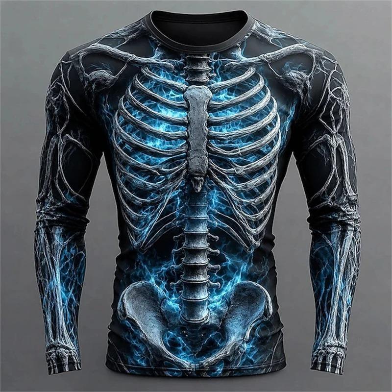 New Men's Long-Sleeve T-Shirt with Cool 3D Flame and Skull Guitar Design Perfect for Halloween Parties and Horror-Themed Outfits