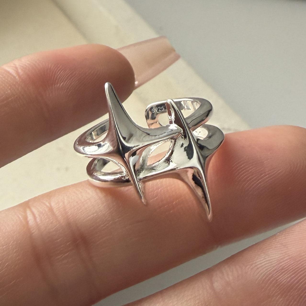 

BF CLUB 925 Sterling Rings for Women Simple Geometric Handmade Irregular Retro Double Star Shape Ring Allergy For Birthday Gift resizable