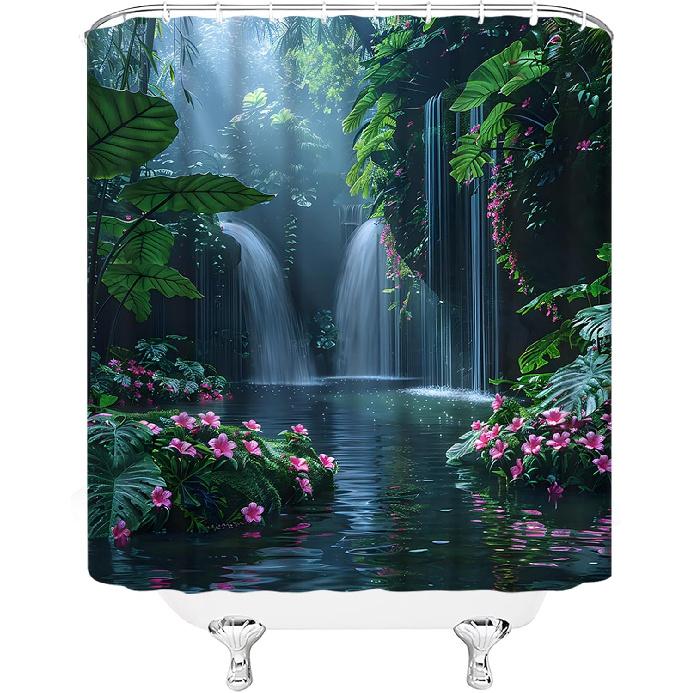 Rainforest Waterfall Shower Curtain Nature Green Tree Forest Flowers Waterfall Tropical Scenery Landscape 70" WX70 H Bathroom Decor Fabric Curtain