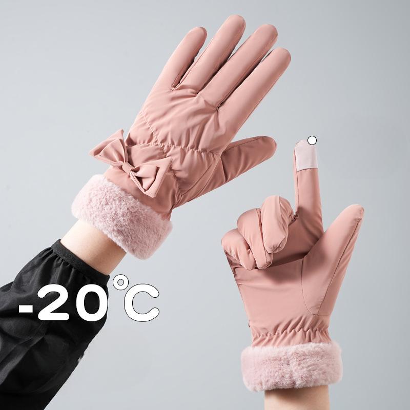 Women's Winter Skiing Gloves with Cute Bows  Thickened Fleece Windproof and Cold-proof Outdoor Cycling Touch Screen Gloves