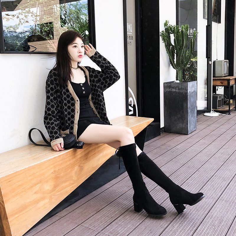 High-heeled elastic thin boots French high boots but knee boots 2025 autumn and winter new small thick heels
