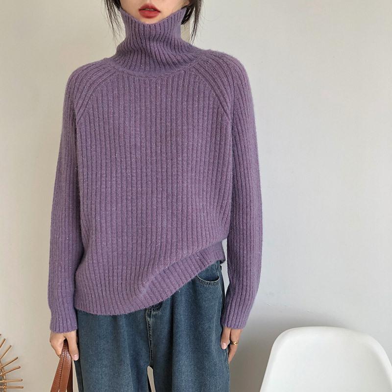 Women's Slim-Fit Ribbed High Neck Sweater - Solid Color Knit Top for Autumn/Winter