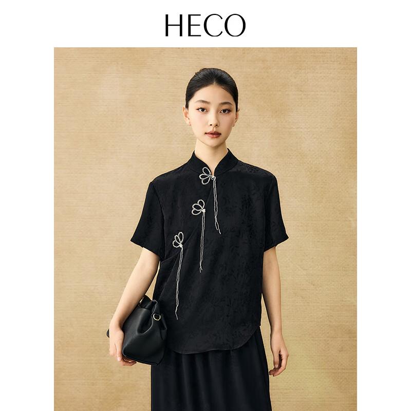 HECO New Chinese Style Beaded Frog Button Short-Sleeve T-Shirt L