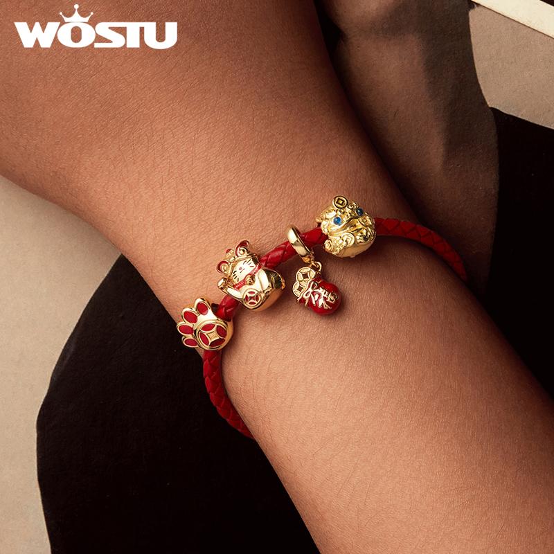 WOSTU 925 Silver New Year Gift Lucky Red KOI Charm Lucky Bag Pendant Pawprint Beads Fit Fortune Red Rope Bracelet DIY Jewelry