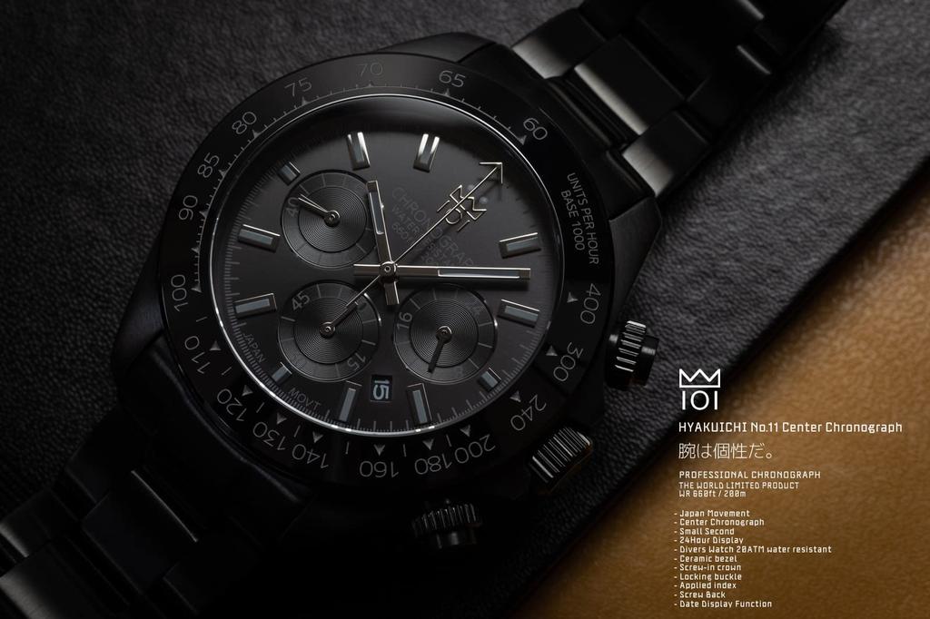 HYAKUICHI 101 Diver's Chronograph Watch, Men's, 20 ATM Water Resistant, Date Display, Quartz Movement, Ceramic Bezel, IP-BBB, All Black
