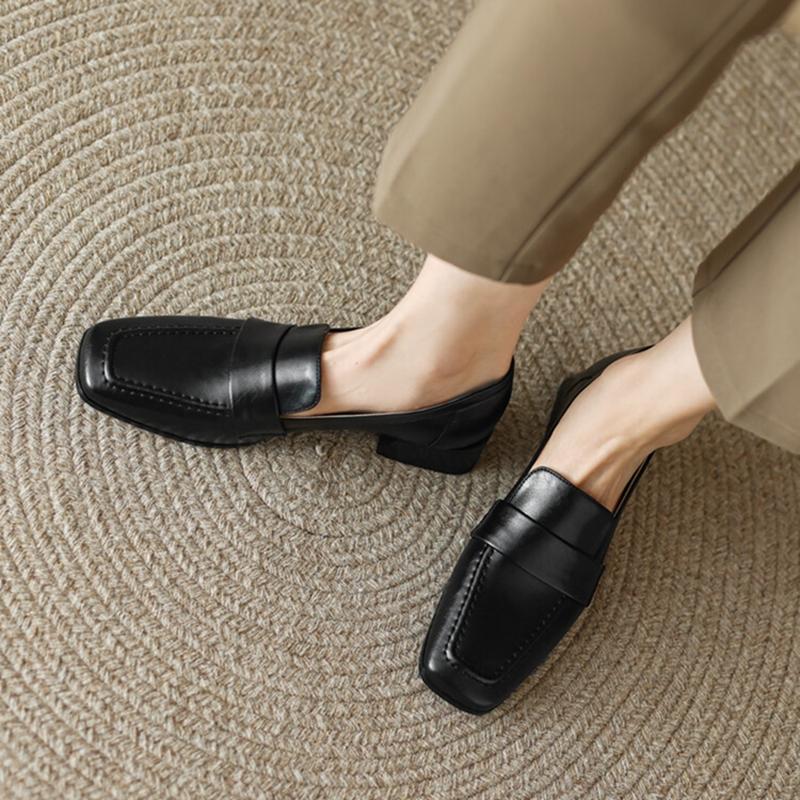 Fashion NEW Spring/Autumn Women Loafers Square Toe Chunky Heel Shoes Split Leather Shoes for Women Concise Low Heel Slip-on Women Pumps