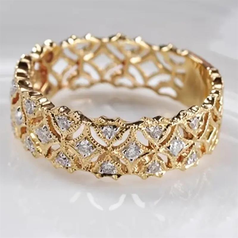 Huitan Hollow Geometric Women Ring Gold Color Noble Fashion Accessories Inlaid Shining Cubic Zirconia Elegant Versatile JewelryGood product