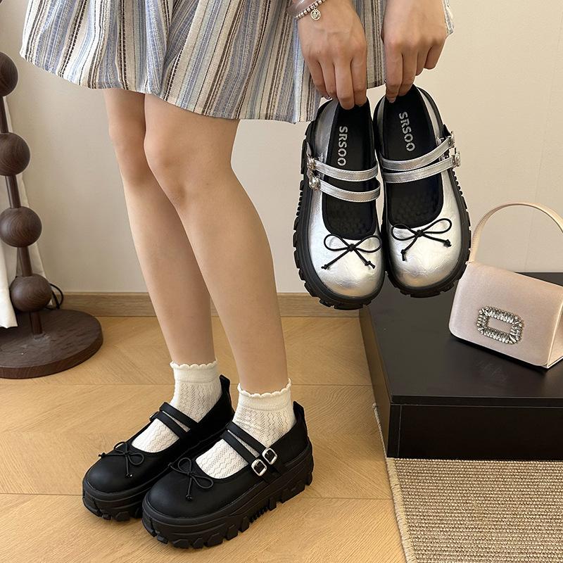 Fashion versatile black retro thick-soled shallow mouth small leather shoes single shoes women's summer 2025 new height-increasing Mary Jane shoes