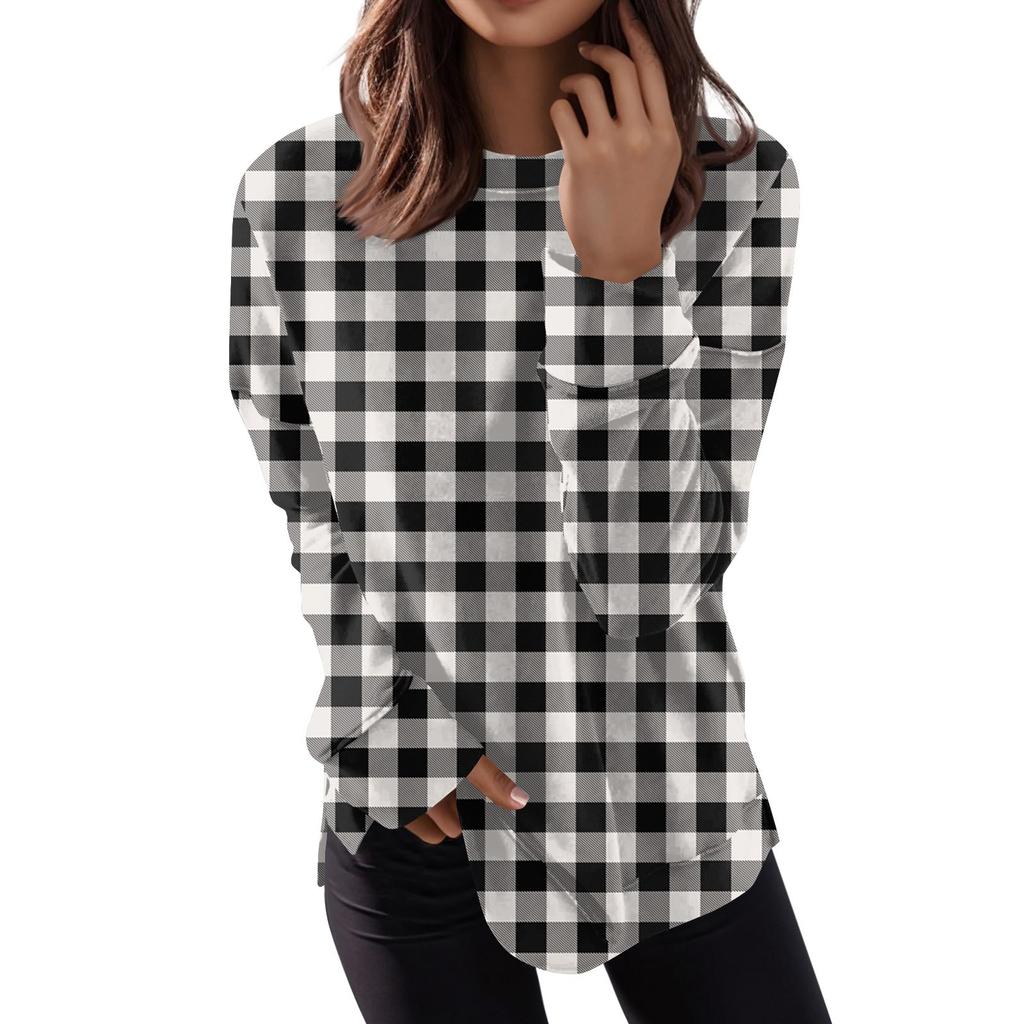 Women's Fashion Casual Long Sleeve Plaid Round Neck Top