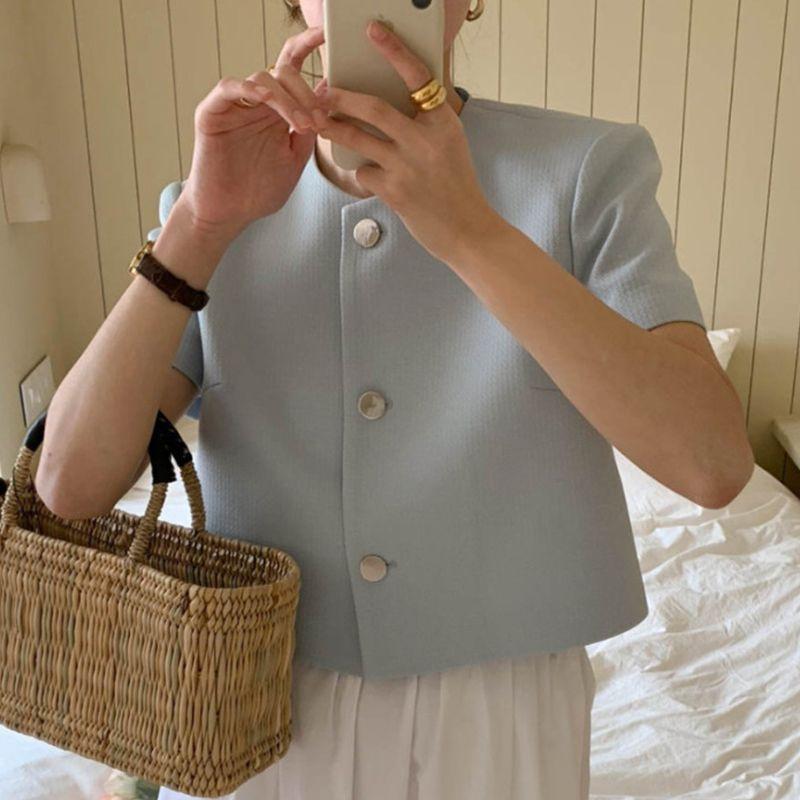 

Chic round Neck Loose Casual Puff Sleeves Short Outwear Blue All yards