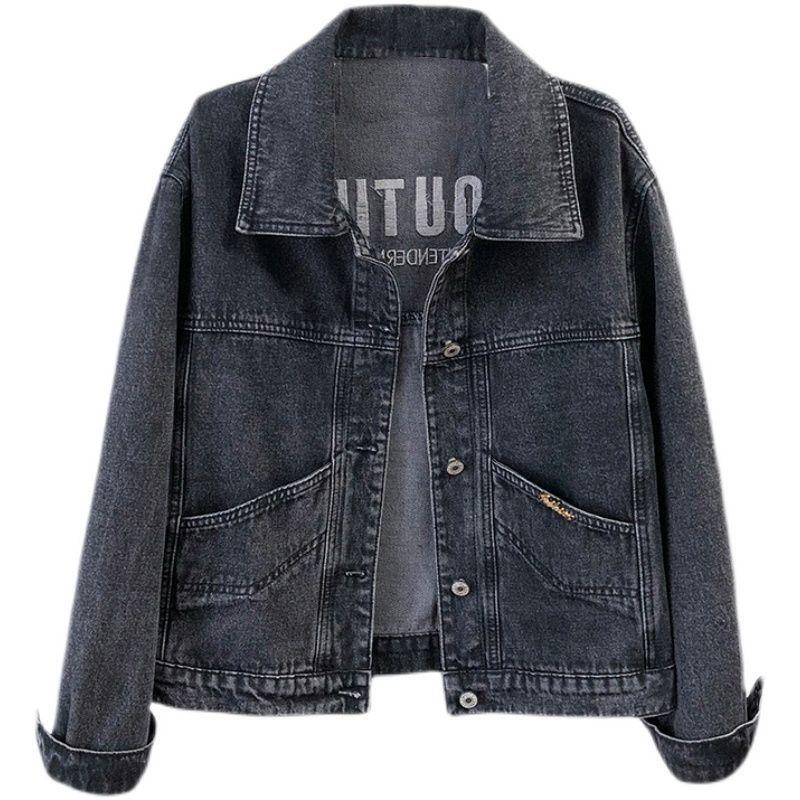Women's Korean Style Embroidered Denim Jacket - Slimming, Loose Fit, Solid Black, Spring/Autumn Trend