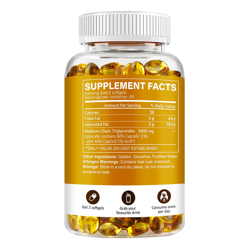 Cápsulas de Óleo MCT de Alta Pureza, 3000mg, Fórmula Potente, Adequado para Homens e Mulheres