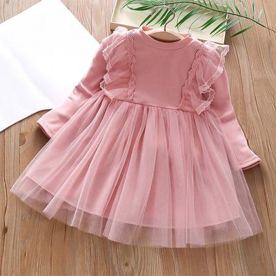 Girls' Dress Kids Dress Fluffy Gauze Dress Round Neck Long Sleeve Solid Color Children Dress