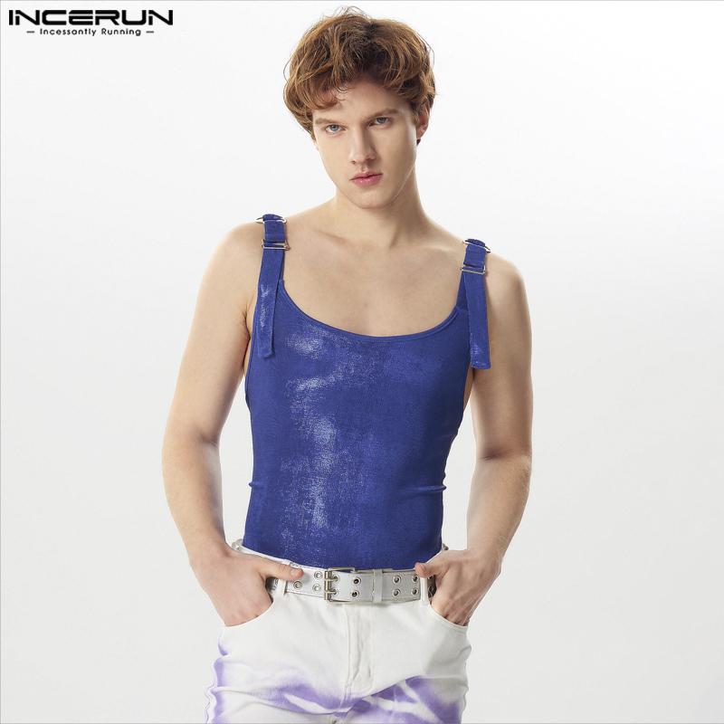 

INCERUN мужские летние топы на бретельках без рукавов с круглым вырезом и блестящими вечерними майками