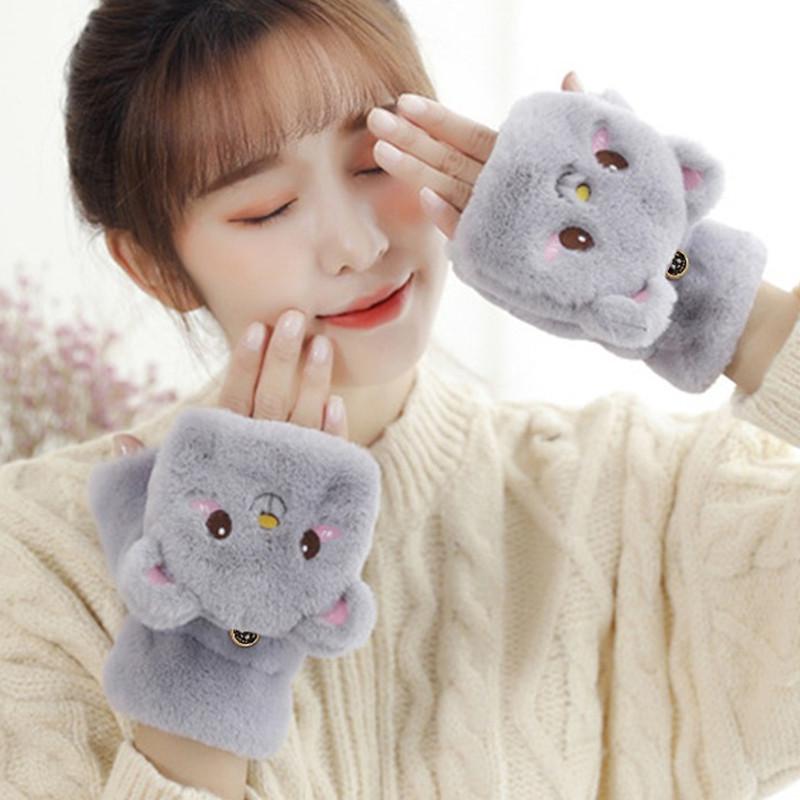 Damskie Pluszowe Ciepłe Rękawiczki Urocze Królik Kot Panda Rękawiczki z Klapką Bez Palców Miękkie Dziewczęce Grube Rękawiczki Elastyczne Półpalcowe Zimowe