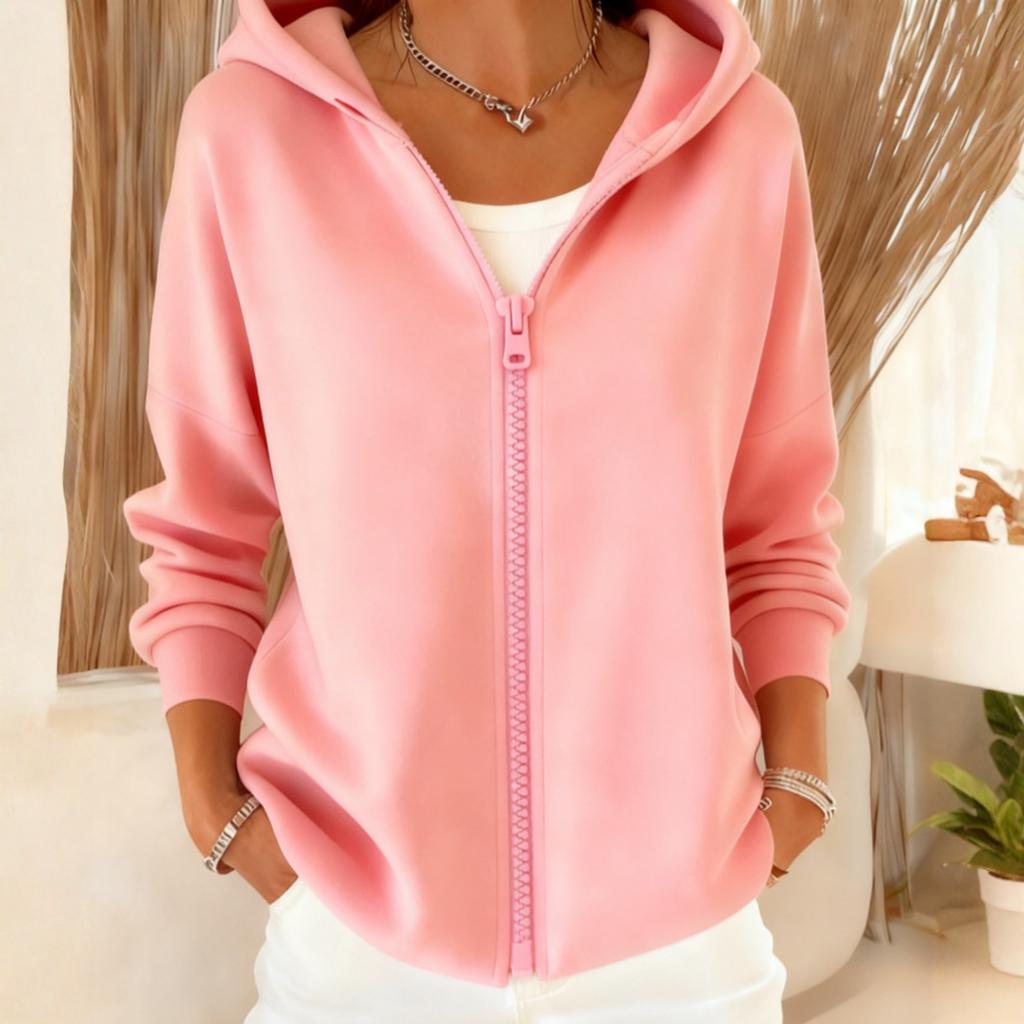 Fashionable Women's Loose Casual Solid Color Hooded Zippered Long Sleeve Jacket