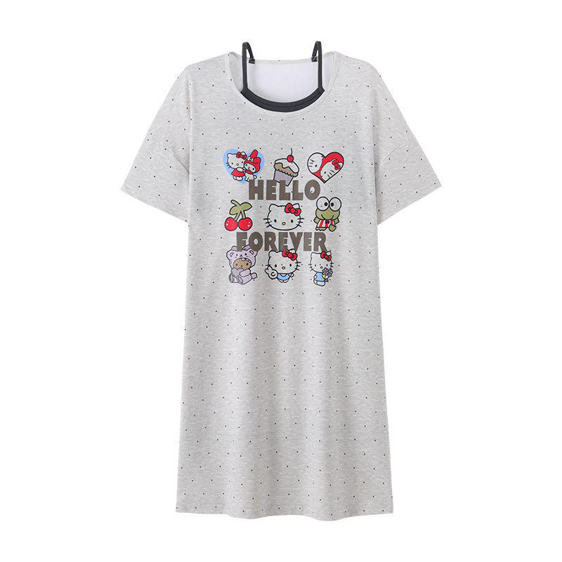 2026 Women's Grey Cartoon Summer Nightgown with Built-in Bra, Round Neck, Short Sleeve, Anti-Nipple, Thin Style for Outerwear and Home Wear.