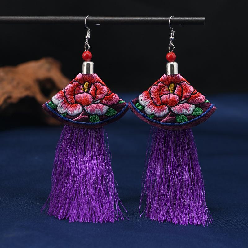 Embroidery fabric tassel earrings long retro flowers Yunnan Lijiang dance performance women's cheongsam earrings
