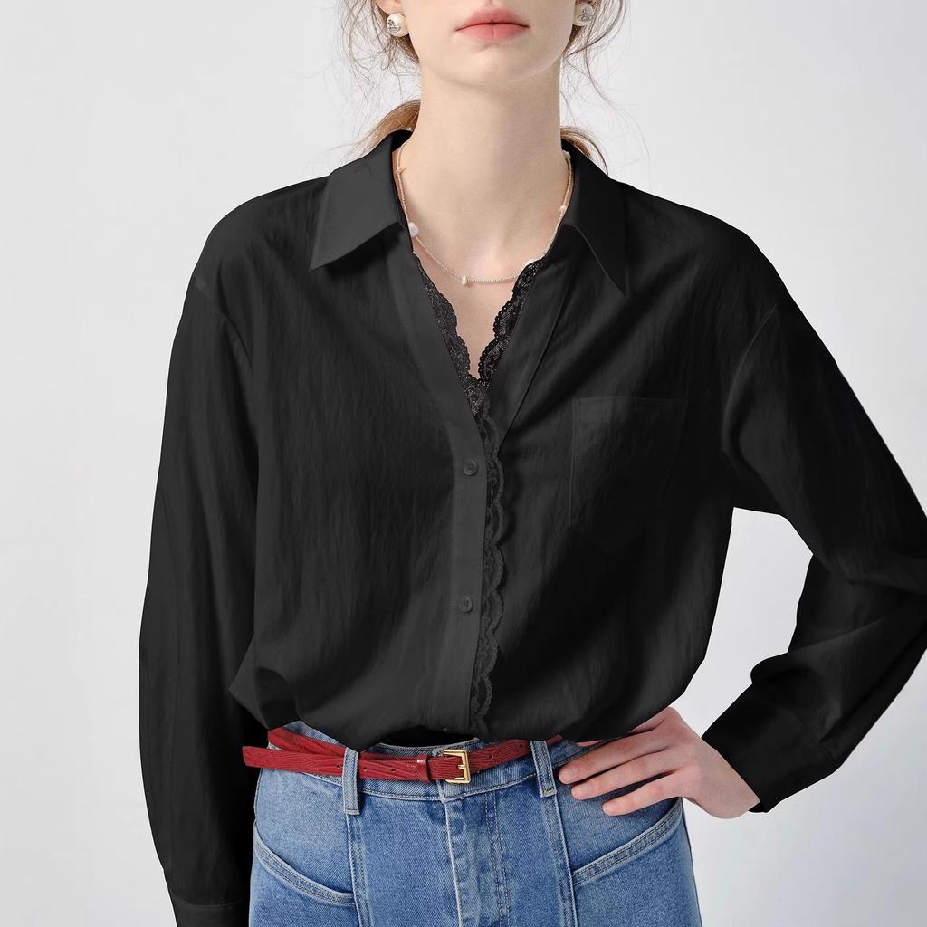 White shirt women's long-sleeved spring clothes new Ou Ruofeng lace loose top